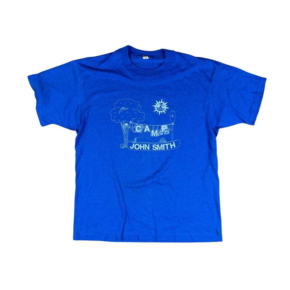 Vtg 1980s Camp John Smith Blue Graphic T-Shirt Made in USA Screen Stars L